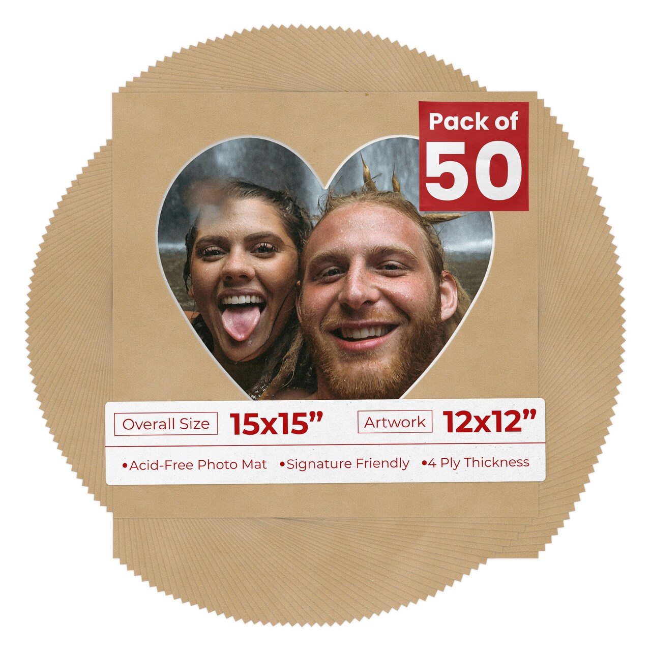 Beige Suede Mat Board for 15x15 Frames - Heart Opening for 12x12 Photos